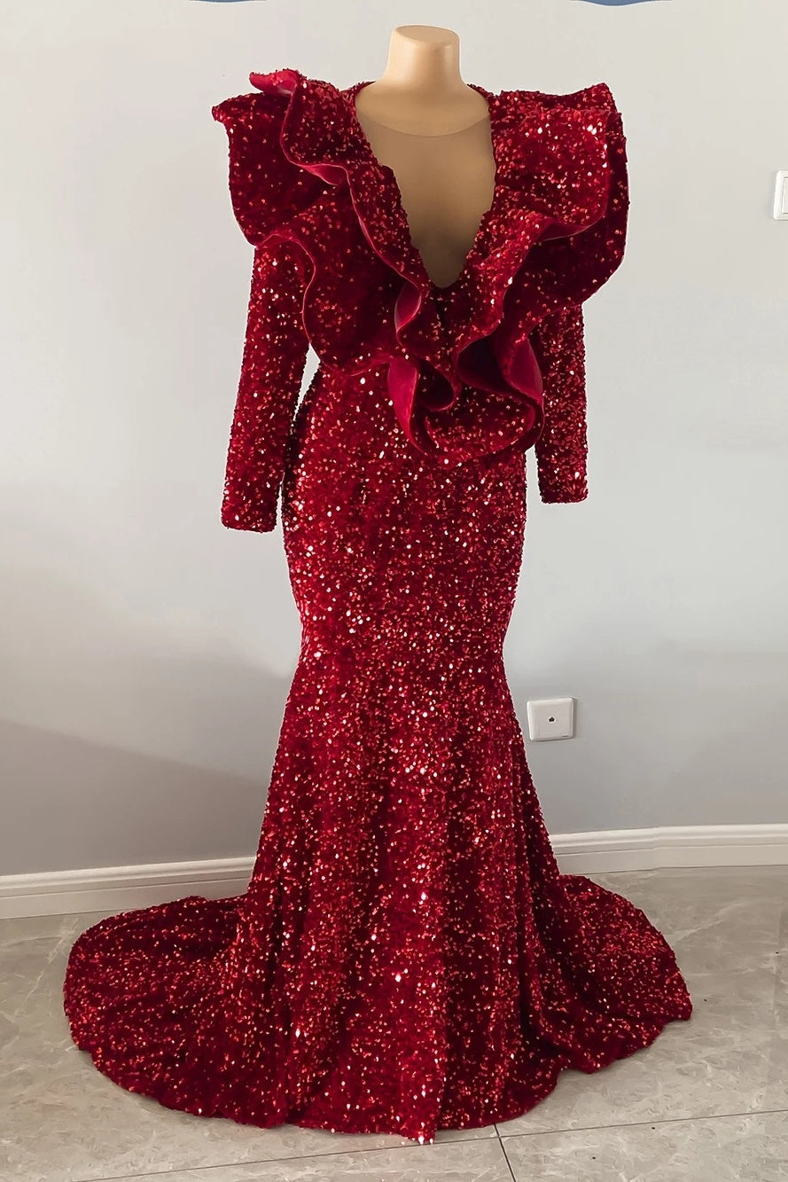 Burgundy Mermaid Long Sleeves V-neck Sequin Shiny Prom Dresses