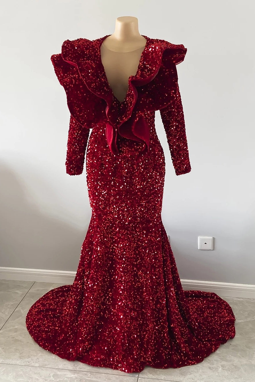 Burgundy Mermaid Long Sleeves V-neck Sequin Shiny Prom Dresses