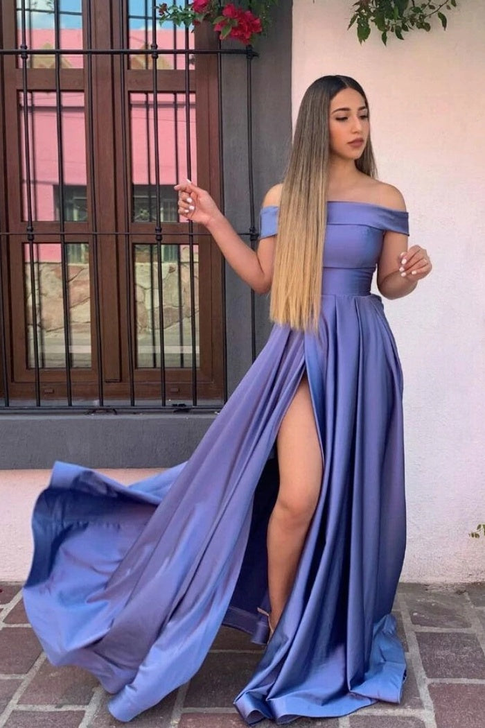 Off The Shoulder Front Split   Satin Long Floor Length Prom Dress Y0338