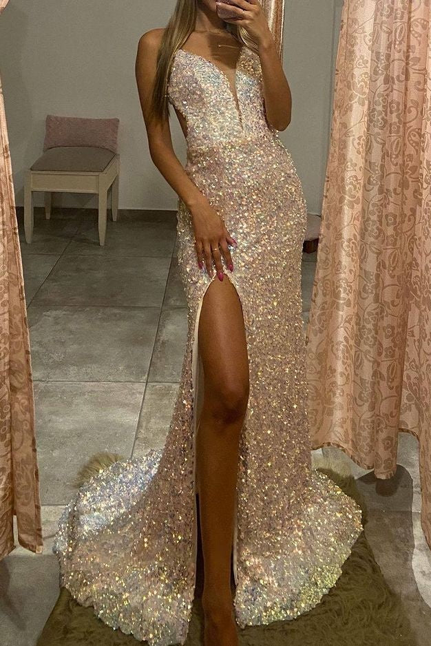 Unique Sequin Shiny Backless Front Split Party Prom Dresses Y0345