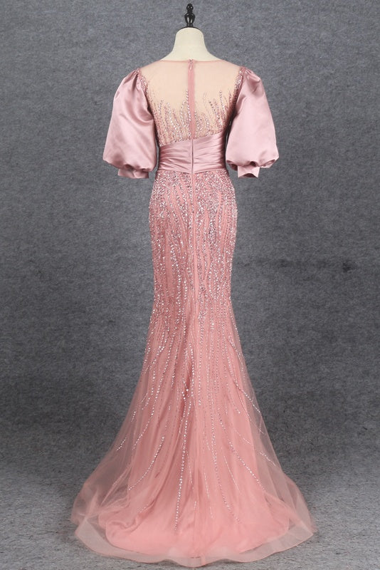 Pretty Pink Puff Sleeves Scoop Neck Mermaid Beading Prom Dress Y0369