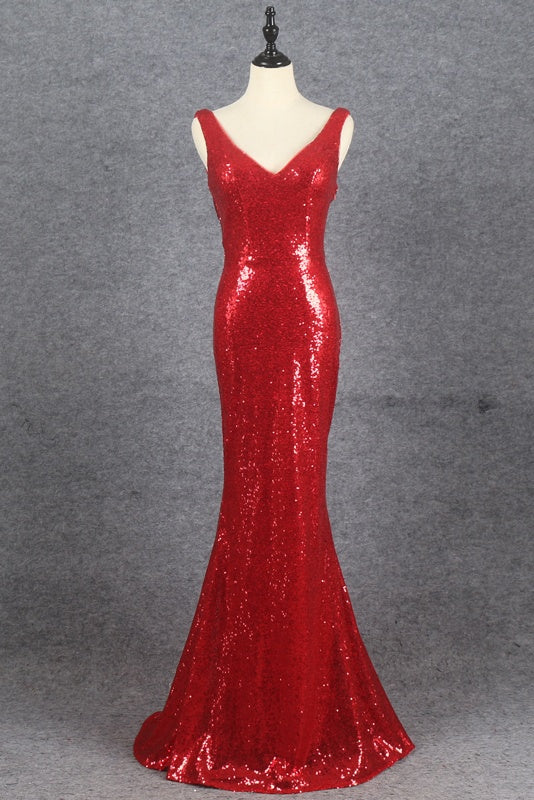 Glitter V-Neck Zipper Back Red Sequin Long Prom Dresses Y0370