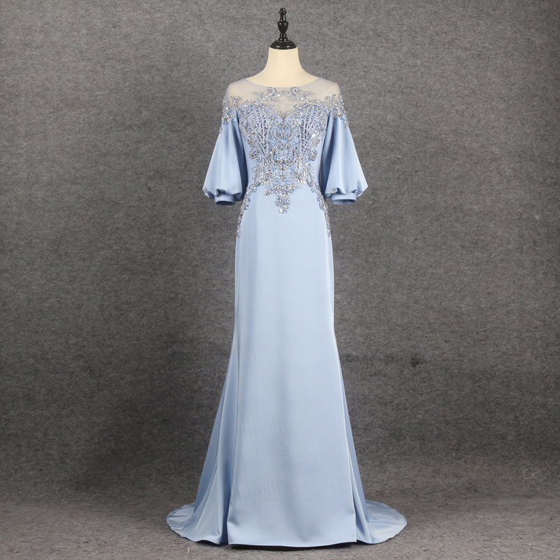 Light Blue Beading Long Prom Dresses With Sleeves Y0373