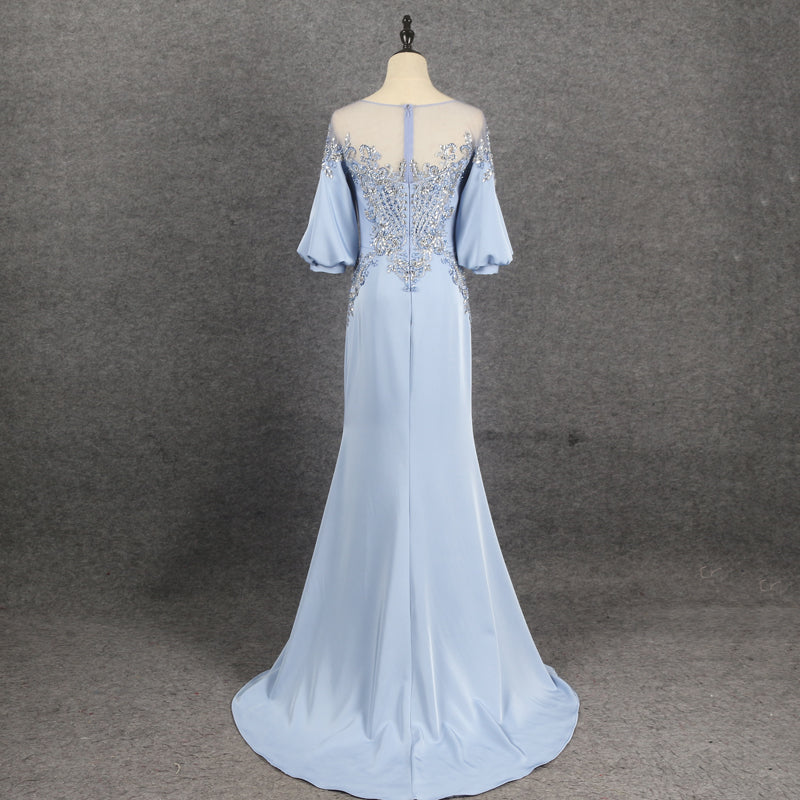 Light Blue Beading Long Prom Dresses With Sleeves Y0373