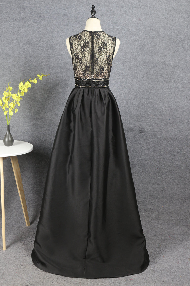 Modest A Line Lace Satin Beading Zipper Back Long Prom Dresses Y0382