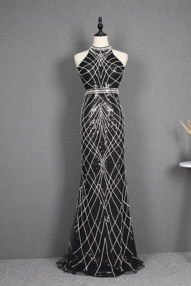 Classy Black And Silver Zipper Back Long Sheath Prom Dresses Y0389