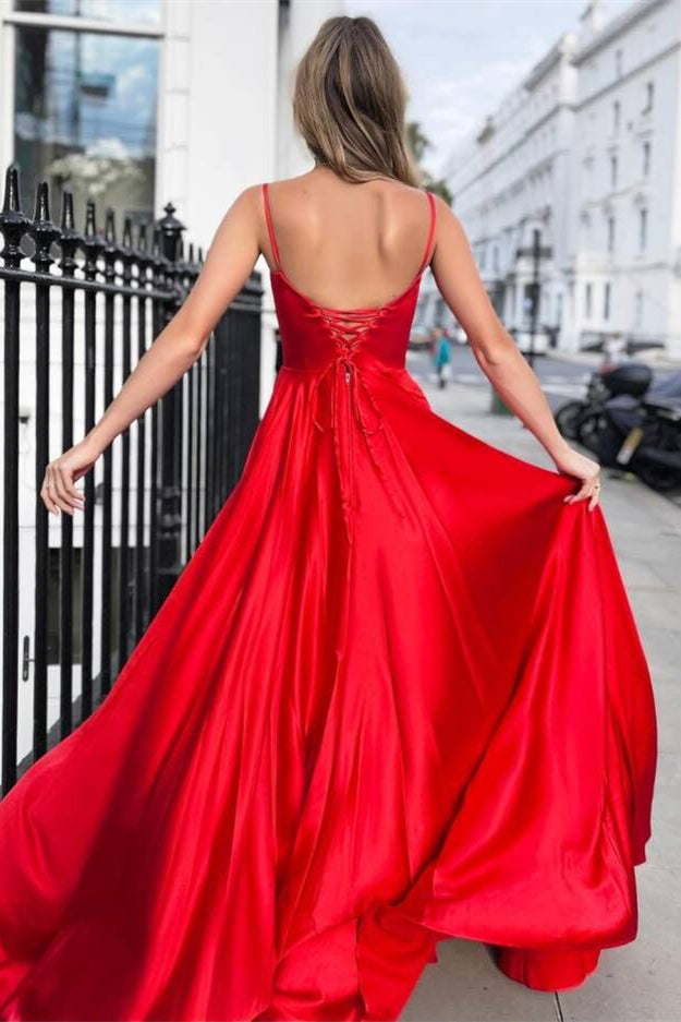 Spaghetti Straps Red A-line Long Prom Dresses For Teens Y0393