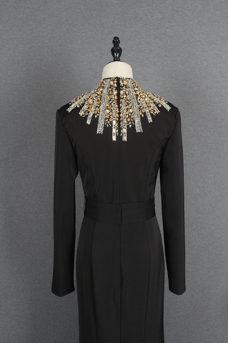 Charming High Neck Black Beading Long Sleeves Prom Dresses Y0397