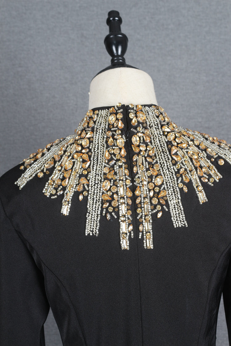 Charming High Neck Black Beading Long Sleeves Prom Dresses Y0397