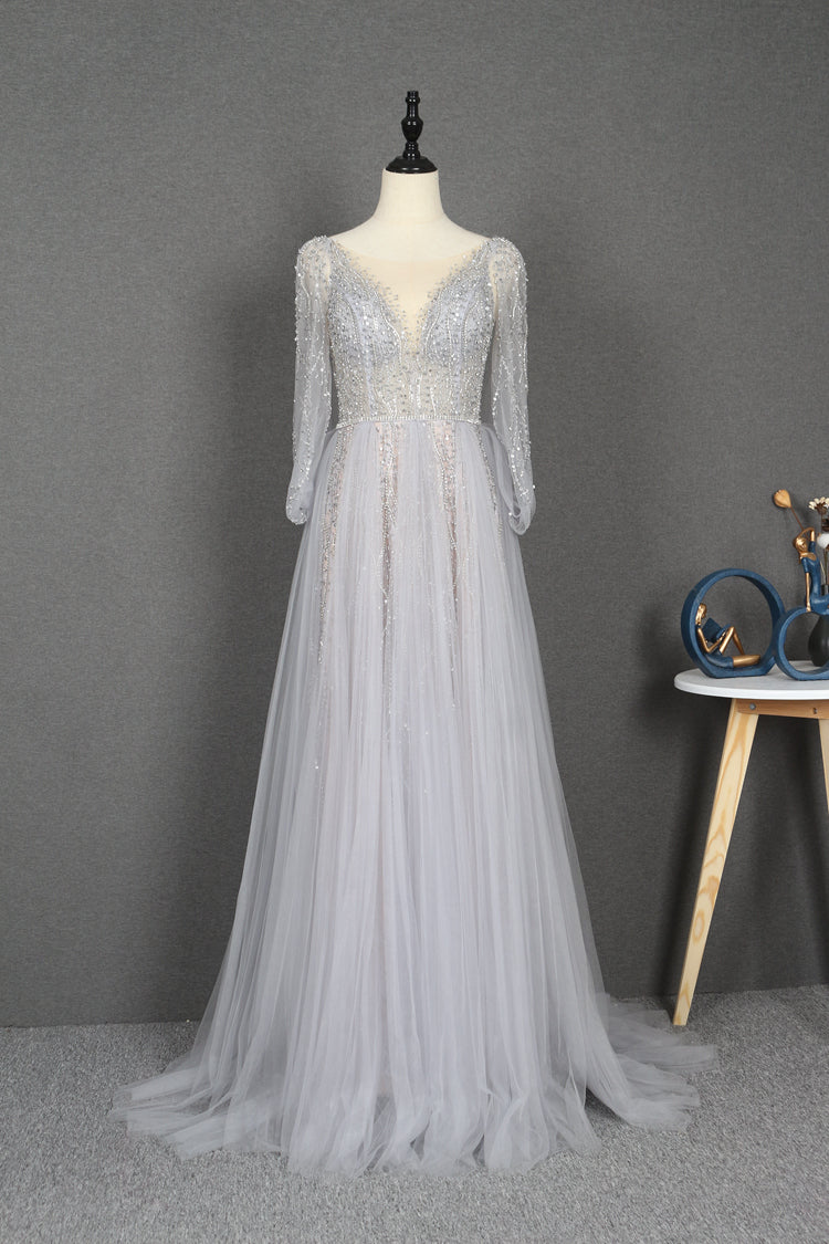 Modest Long Sleeves Beading Tulle Long Backless Long Prom Dresses Y0398