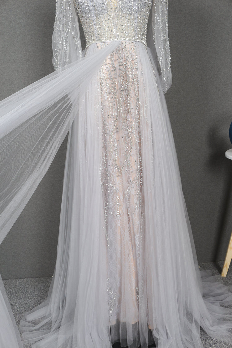 Modest Long Sleeves Beading Tulle Long Backless Long Prom Dresses Y0398