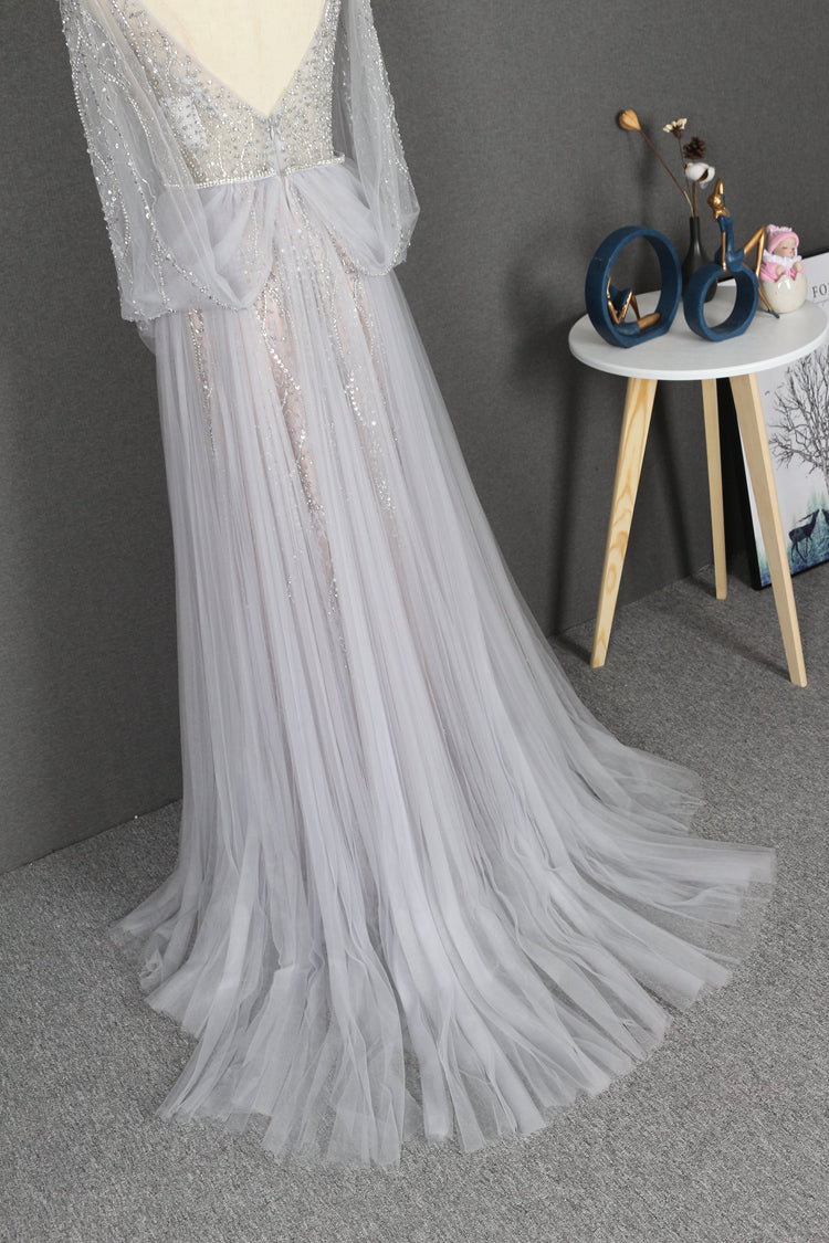 Modest Long Sleeves Beading Tulle Long Backless Long Prom Dresses Y0398