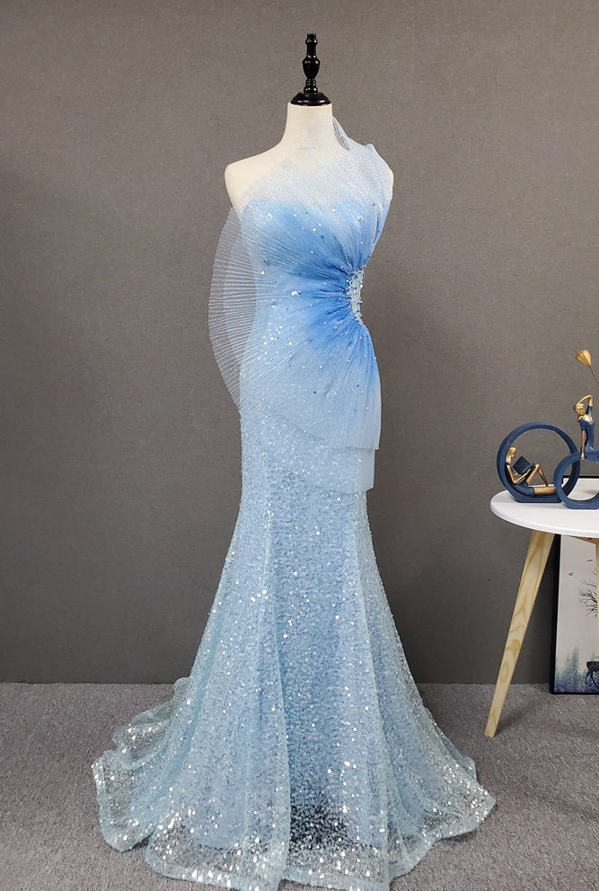 Shiny Strapless Mermaid Light Blue Ombre Long Prom Dress Y0399