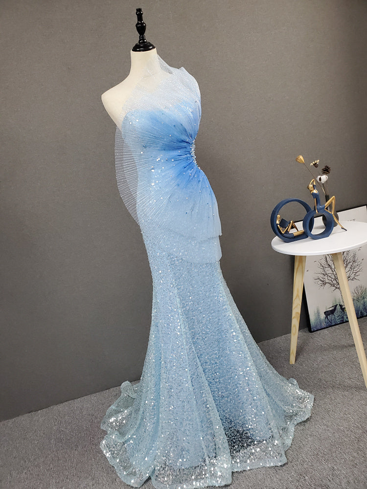 Shiny Strapless Mermaid Light Blue Ombre Long Prom Dress Y0399 ...