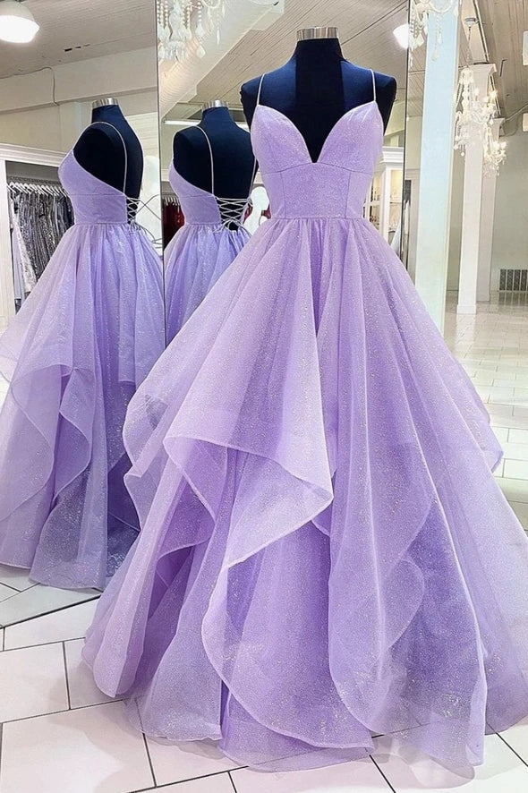 Pretty Lilac Spaghetti Straps Ruffles Long Princess Prom Dresses Y0411