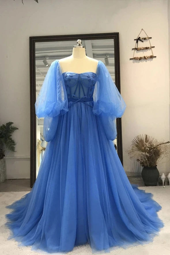 A Line Long Sleeves Blue Tulle Princess Long Prom Dresses Y0417