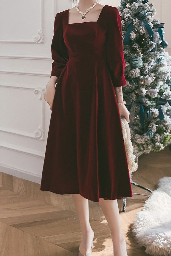 Vintage Square Necking Tea Length Burgundy Velvet Prom Dresses Y0435