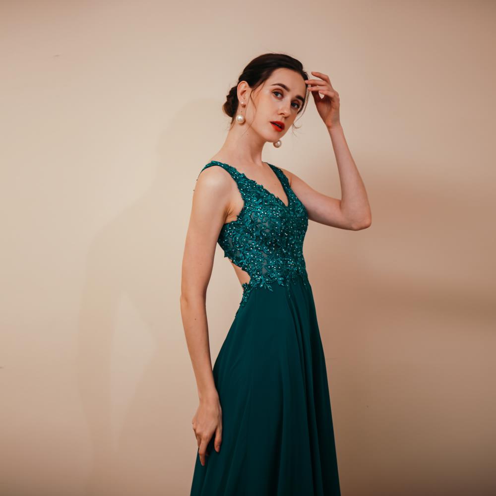 Elegant V-Neck Chiffon Appliques A Line Long Prom Dresses Y291042