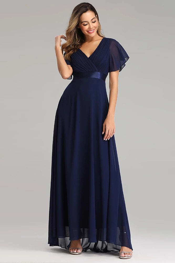 Flowy Chiffon Dark Navy Blue Prom Dresses V-Neck Short Sleeve Long Bridesmaid Dresses XU90812