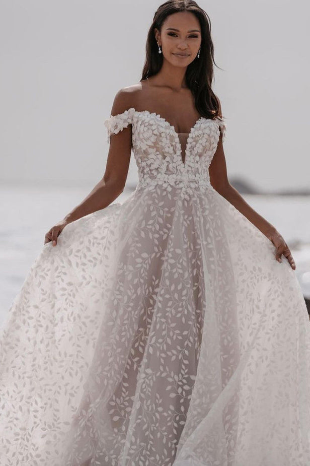 Charming Off the Shoulder Lace Wedding Dresses N060