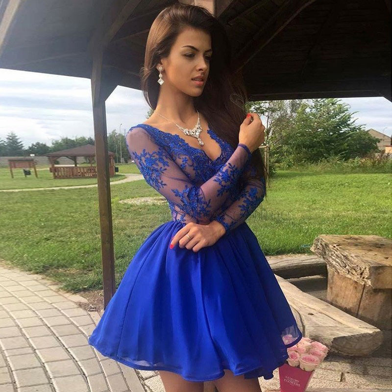 A Line V-Neck Long Sleeves Royal Blue Chiffon Lace Homecoming Dresses