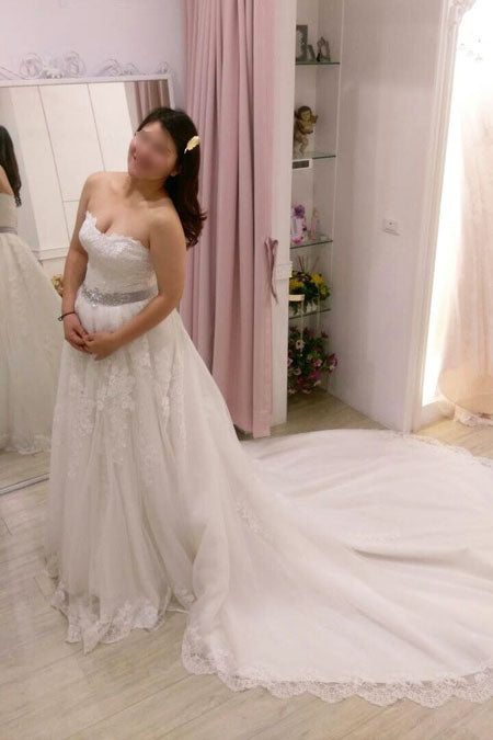 A-line Strapless Lace Appliques Court Train Wedding Dress with Beading Waist,N446