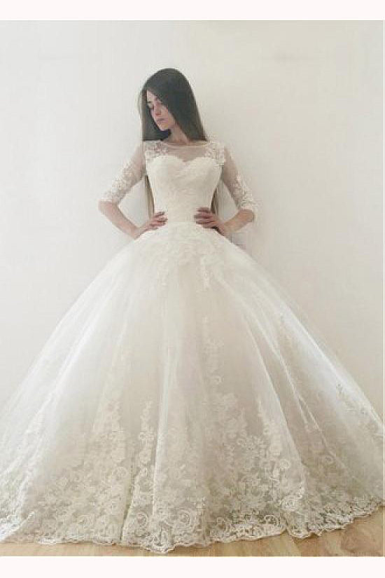 Ivory Puffy Half Sleeves Long Wedding Dresses Vintage Tulle Bateau Appliques Bridal Dresses N1384