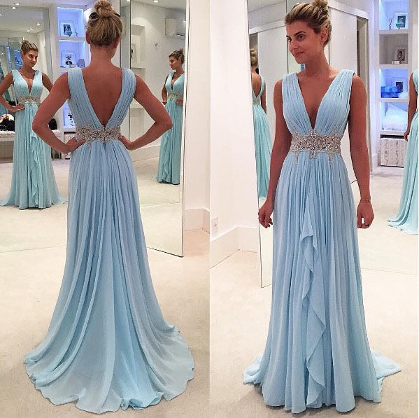 A Line Deep V-Neck Sleeveless Beading Pleats Chiffon Long Prom Dress N417