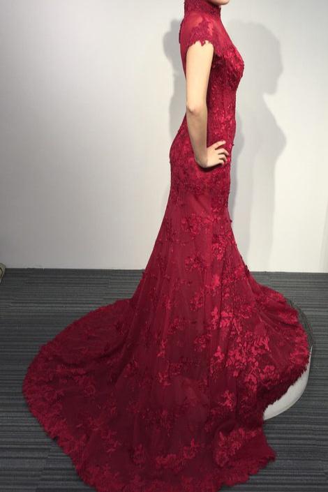 Burgundy Lace Short Sleeve High Neck Mermaid Sweep Train Evening Dress,Vintage Prom Dress,N413