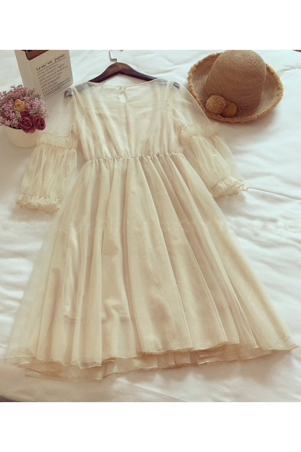 Beige 3/4 Sleeve Knee Length Flower Homecoming Dresses