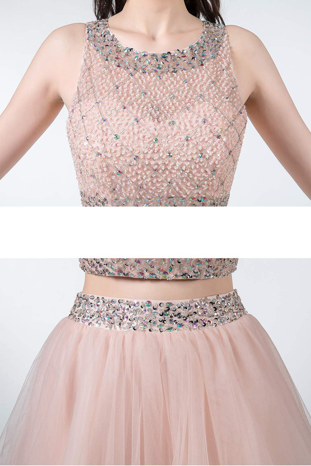 Sparkly Two Piece Homecoming Dresses Short Beaded Tulle Prom Gowns with Sequins N2011