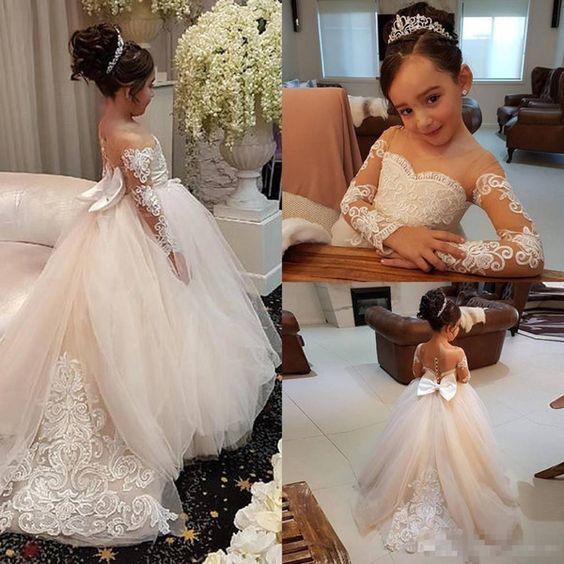 Long Sleeve Tulle Flower Girl Dresses with Lace Flower Girl Dresses with Bowknot F041