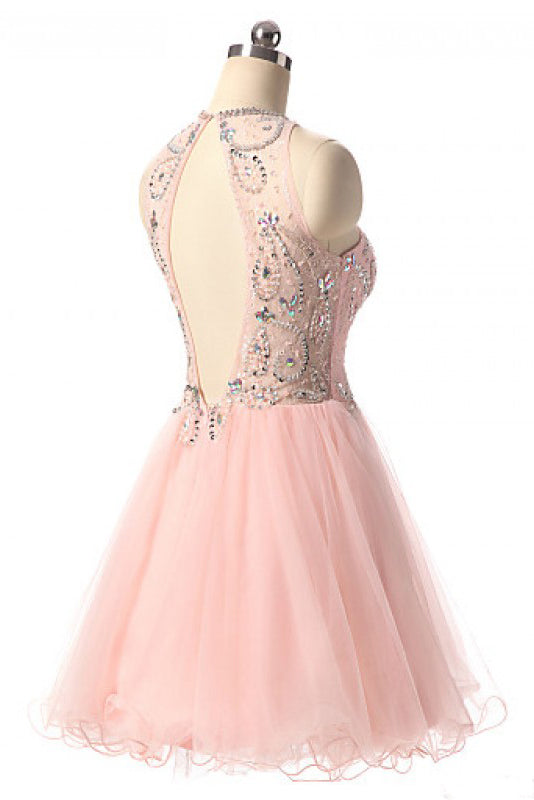 Pink Jewel Tulle Open Back Beading Sleeveless Homecoming Dresses