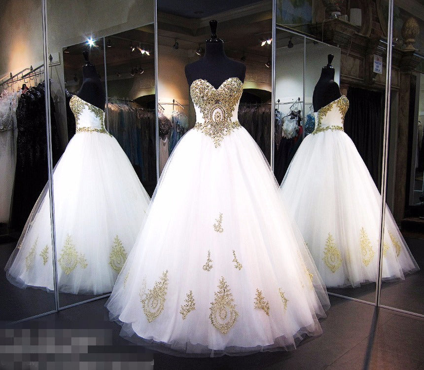 Sweetheart Floor Length Ball Gown Bridal Dresses with Gold Lace Appliques N430