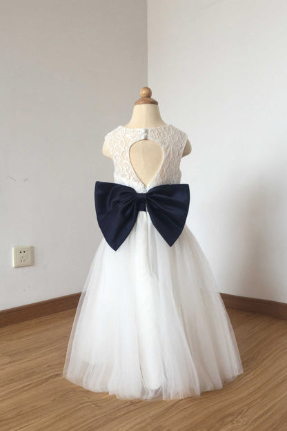 Cute Long Ivory Open Back Lace Tulle Flower Girl Dresses with Navy Blue Bow F025