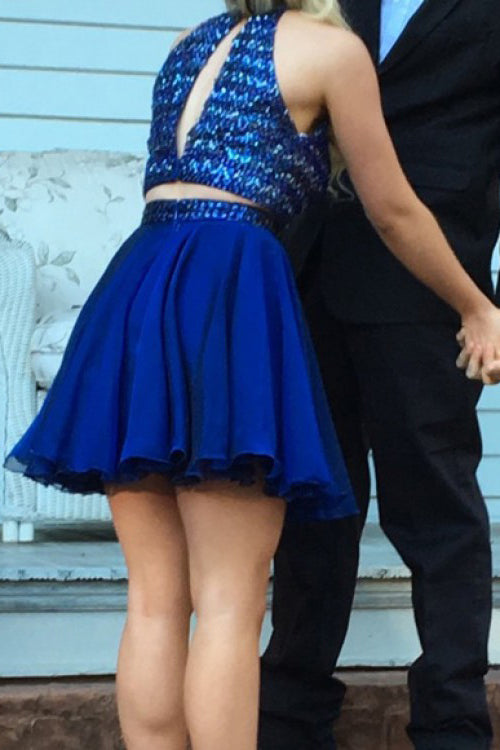 Two Piece Halter Royal Blue Chiffon Beaded Homecoming Dresses