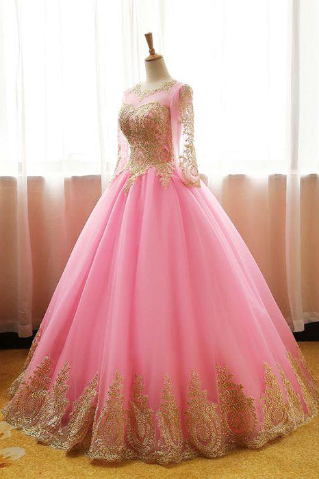 Ball Gown Pink Tulle Prom Dress with Gold Appliques Long Sleeves Quinceanera Dress N1191