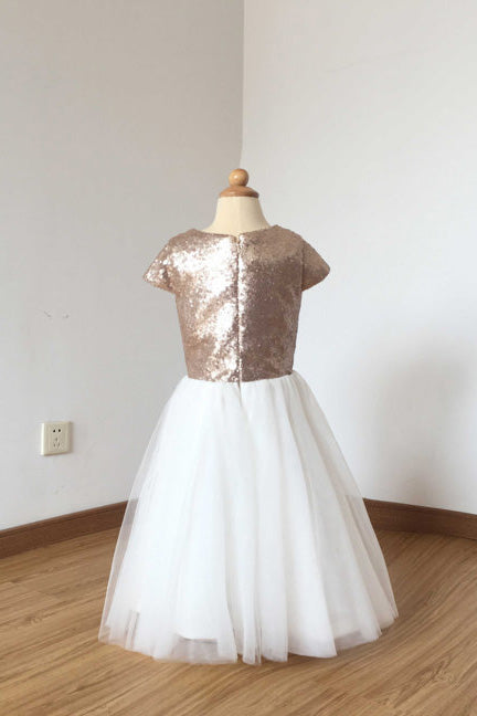 A Line Cap Sleeves Sequin Ivory Tulle Floor Length Flower Girl Dress F018