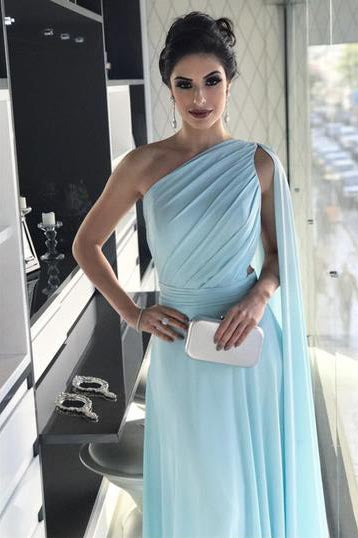 Light Blue One Shoulder Chiffon Pleats Sheer Illusion Back Prom Gown N825