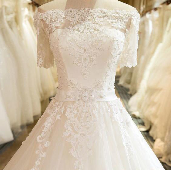 Floor Length Puffy Wedding Dresses Off-the-shoulder Ball Gown Lace Ivo ...