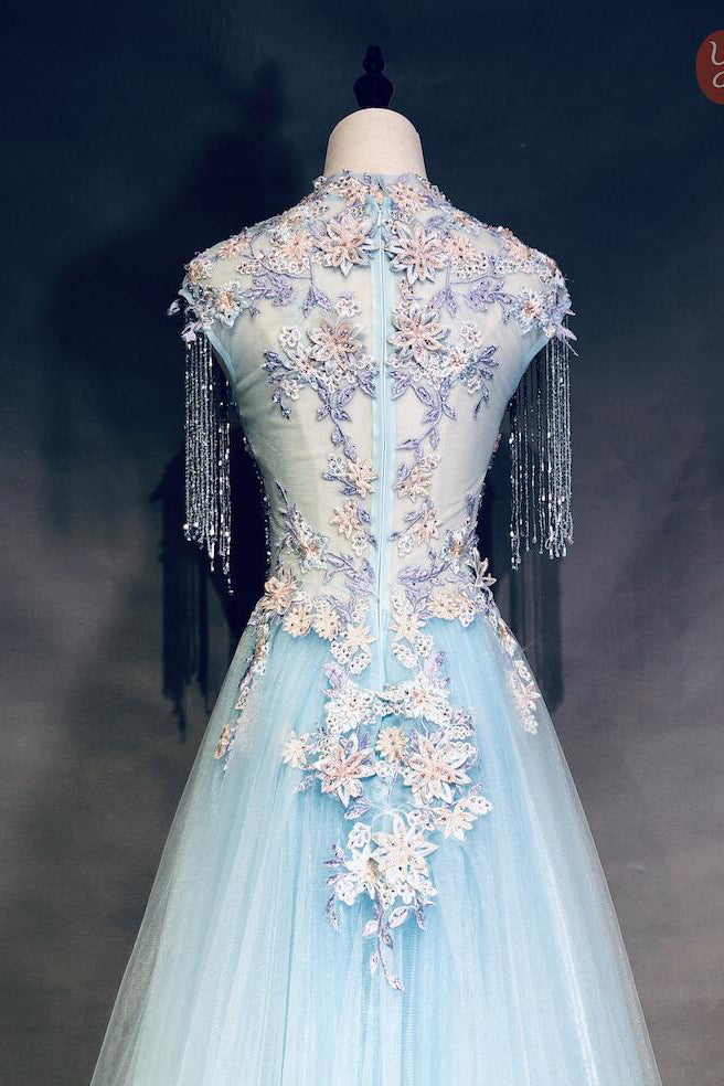 Unique Light Blue Beading Cap Sleeves Beading Applique Prom Dresses N1955