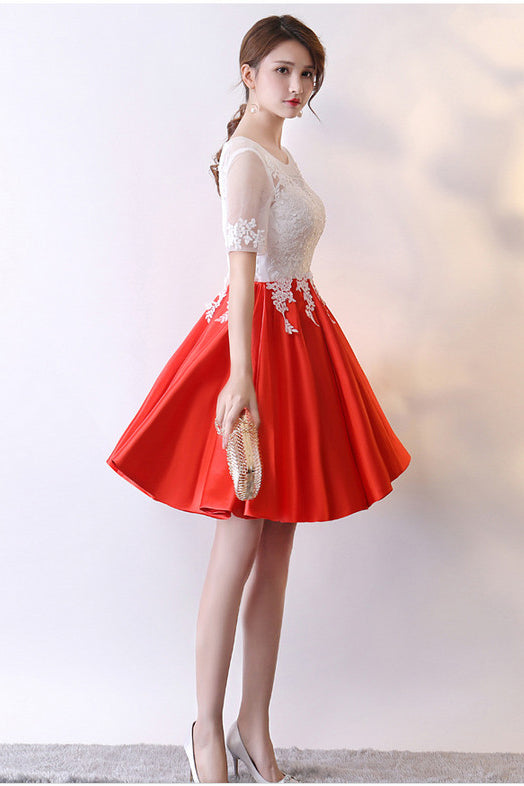 Red Knee Length Satin Homecoming Dresses with Short Sleeves Short Prom Dresses with Lace N2224