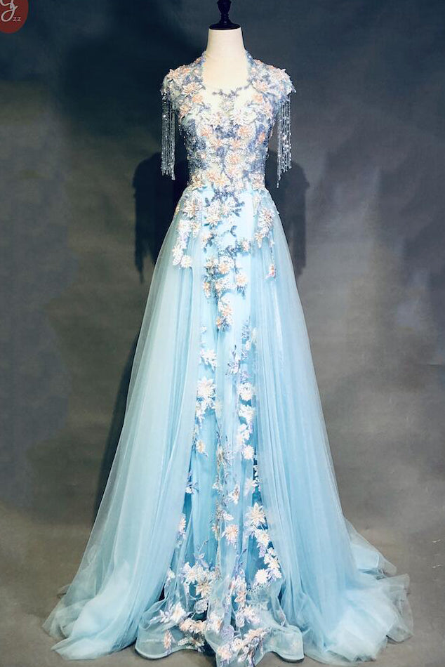 Unique Light Blue Cap Sleeves Prom Dress with Beading, Gorgeous Applique Formal Dress N1955