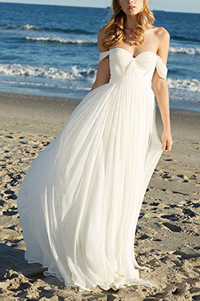 Flowy Off the Shoulder Chiffon Beach Wedding Dresses Long Pleated Bridal Dresses N1289