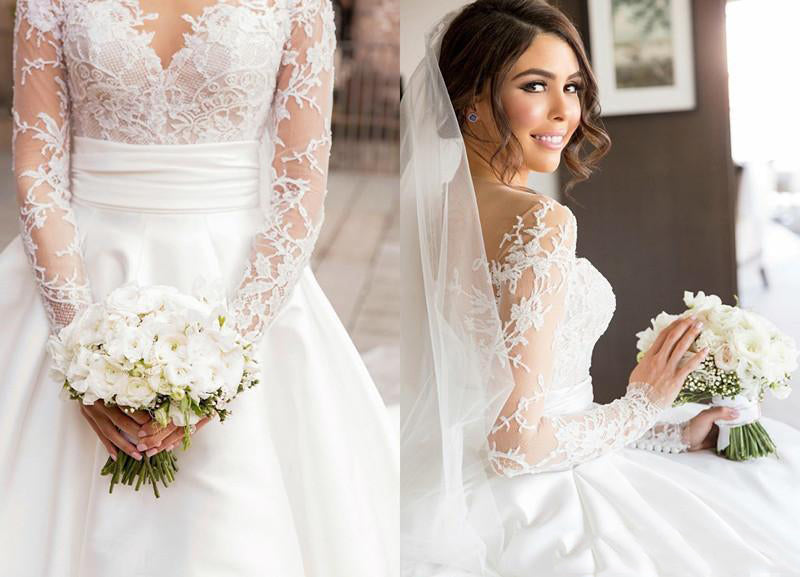 Romantic Lace Wedding Dresses with Satin Skirt with Long Sleeves Illusion Back N1469