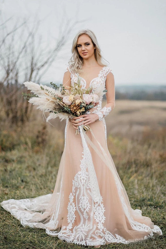 Elegant Long Sleeves Boho Wedding Dresses with Lace Appliques N2527