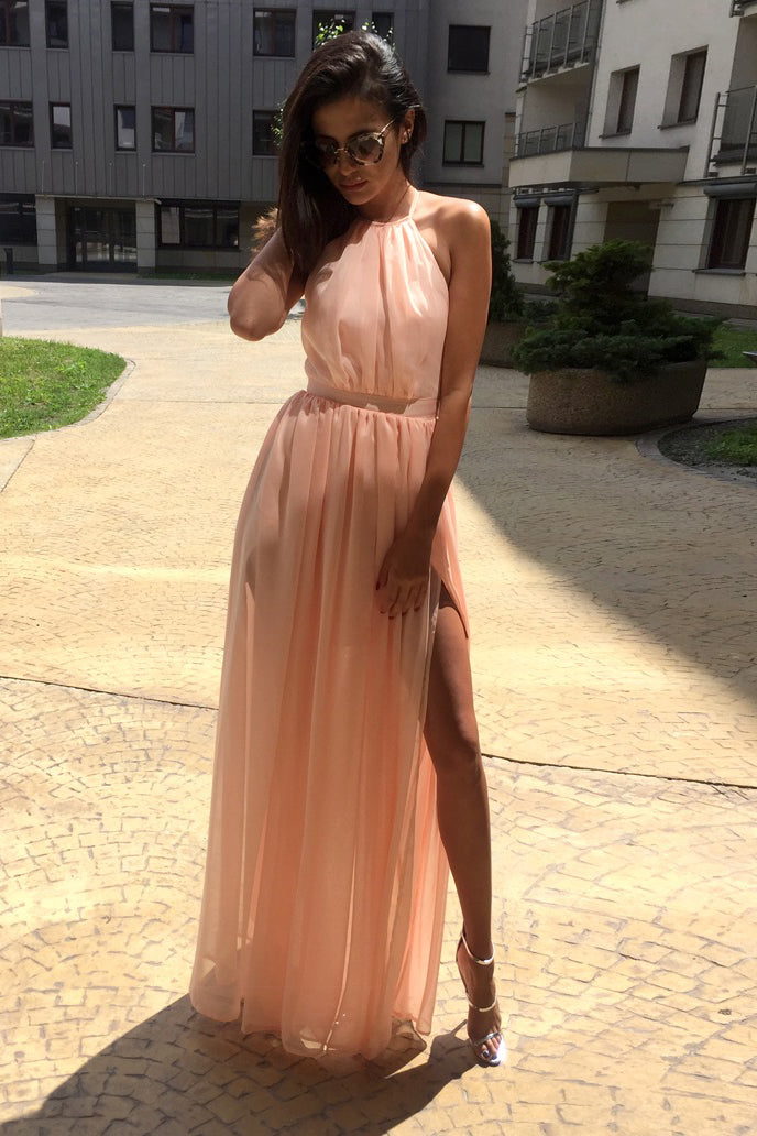 Unique A Line High Neck Chiffon Long Prom Dresses  Sleeveless Long Formal Dresses N1103