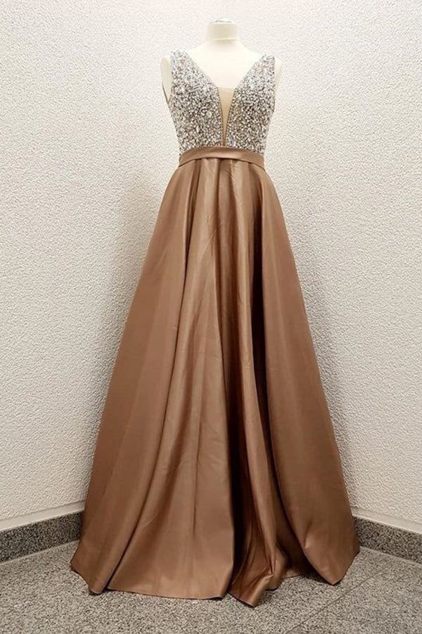 Sparkly A-Line V-Neck Satin Beading Backless Prom Dress N1524