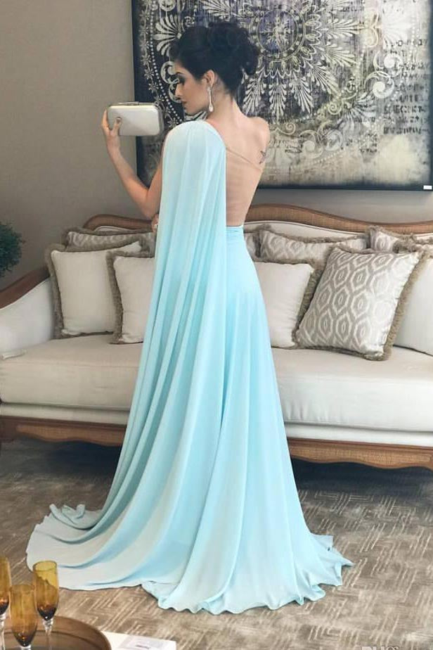 Light Blue One Shoulder Chiffon Pleats Sheer Illusion Back Prom Gown N825