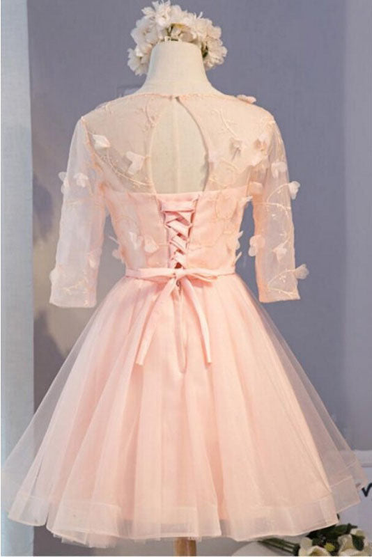 A Line Half Sleeves Tulle Homecoming Dresses with Flowers N1019